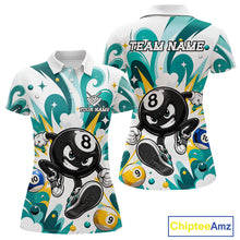 Load image into Gallery viewer, Teal funny 8 ball pool graffiti billiard team jersey polo shirt for women featuring colorful graffiti artwork, premium custom pool league apparel for tournaments, league matches and competitive billiard players.
