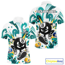 Load image into Gallery viewer, Teal funny 8 ball pool graffiti billiard team jersey polo shirt for men featuring colorful graffiti artwork, premium custom pool league apparel for tournaments, league matches and competitive billiard players.