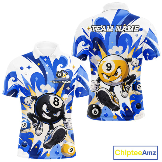 Funny silver 9 ball pool billiard team jersey polo shirt for men featuring a humorous 9 ball design, premium custom pool team apparel and billiard league jersey for tournaments, league play and everyday competition.