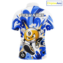 Load image into Gallery viewer, Funny silver 9 ball pool billiard team jersey polo shirt for men featuring a humorous 9 ball design, premium custom pool team apparel and billiard league jersey for tournaments, league play and everyday competition.