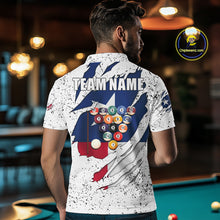 Load image into Gallery viewer, Man wearing black grunge Texas flag 8 ball pool billiard team jersey polo shirt featuring distressed patriotic Texas flag artwork, back view.