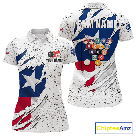 Black grunge Texas flag 8 ball pool billiard team jersey polo shirt for women featuring distressed Texas flag artwork with bold patriotic styling, premium custom pool league apparel for tournaments, league play and competitive billiard teams.