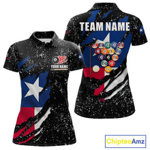 Load image into Gallery viewer, White grunge Texas flag 8 ball pool billiard team jersey polo shirt for women featuring distressed Texas flag artwork with bold patriotic styling, premium custom pool league apparel for tournaments, league play and competitive billiard teams.