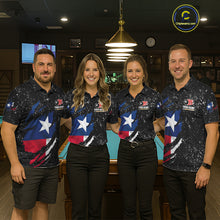 Load image into Gallery viewer, Billiard team wearing matching white grunge Texas flag 8 ball pool team jerseys featuring patriotic distressed artwork, front view.
