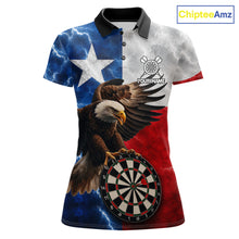 Load image into Gallery viewer, Texas flag eagle lightning darts team jersey polo shirt for women featuring patriotic Texas flag artwork with a soaring eagle and lightning graphics, premium custom darts league apparel for tournaments and competitive dart players.