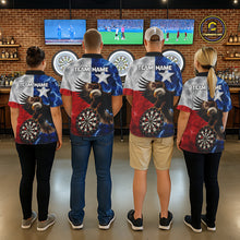 Load image into Gallery viewer, Darts team wearing matching Texas flag eagle lightning team jerseys featuring patriotic eagle and lightning graphics, back view.