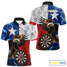 Load image into Gallery viewer, Texas flag eagle lightning darts team jersey polo shirt for men featuring patriotic Texas flag artwork with a soaring eagle and lightning graphics, premium custom darts league apparel for tournaments and competitive dart players.