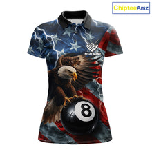 Load image into Gallery viewer, American flag eagle lightning 8 ball billiard pool team jersey polo shirt for women featuring patriotic eagle artwork with lightning effects, premium custom pool league apparel for tournaments and league play.