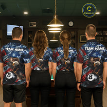 Load image into Gallery viewer, Billiard team wearing matching American flag eagle lightning 8 ball pool team jerseys featuring patriotic eagle graphics, front view.