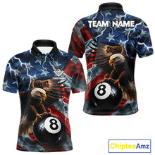 Load image into Gallery viewer, American flag eagle lightning 8 ball billiard pool team jersey polo shirt for men featuring patriotic eagle artwork with lightning effects, premium custom pool league apparel for tournaments and league play.