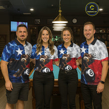 Load image into Gallery viewer, Billiard team wearing matching Texas flag eagle lightning 8 ball pool team jerseys featuring patriotic eagle graphics, front view.