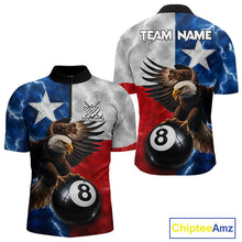 Load image into Gallery viewer, Texas flag eagle lightning 8 ball billiard pool team jersey quarter zip shirt for men featuring bold Texas flag eagle graphics and lightning artwork.