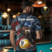 Load image into Gallery viewer, Man wearing custom American flag eagle lightning 8 ball and 9 ball billiard pool team jersey polo shirt featuring patriotic eagle artwork, back view.