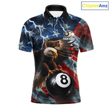 Load image into Gallery viewer, Custom American flag eagle lightning 8 ball and 9 ball billiard pool team jersey polo shirt for men featuring patriotic eagle artwork with lightning effects, premium custom pool league apparel for tournaments.