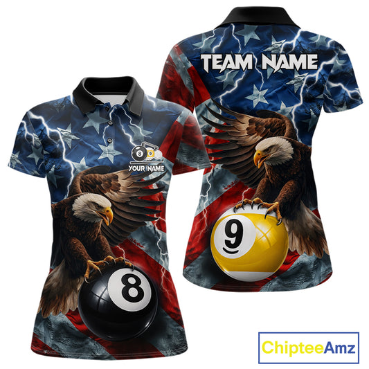American flag eagle lightning 8 ball billiard pool team jersey polo shirt for women featuring patriotic eagle artwork with lightning effects, premium custom pool league apparel for tournaments and league play.