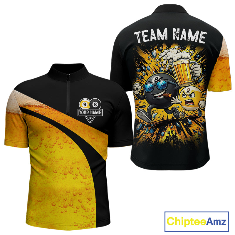 Black And Yellow Funny Beer Billiard Jersey For Men Custom 8 Ball 9 Ball Pool Billiard Team Shirts TDM7233