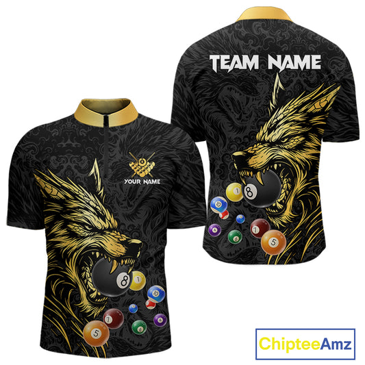 Personalized Wolf Billiard Balls Pool Shirts For Men, Black And Gold Billiard League Team Jerseys TDM5204