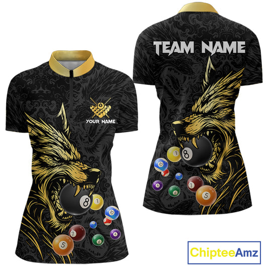 Personalized Wolf Billiard Balls Pool Shirts For Women, Black And Gold Billiard League Team Jerseys TDM5204