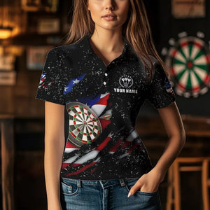 American Flag Black Grunge Dart Polo & Quarter Zip Shirts Custom Patriotic Dart Shirts For Women TDM3211