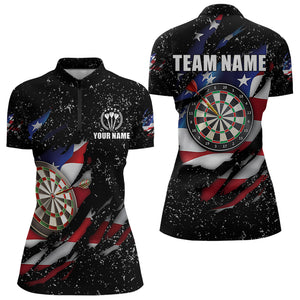 American Flag Black Grunge Dart Polo & Quarter Zip Shirts Custom Patriotic Dart Shirts For Women TDM3211