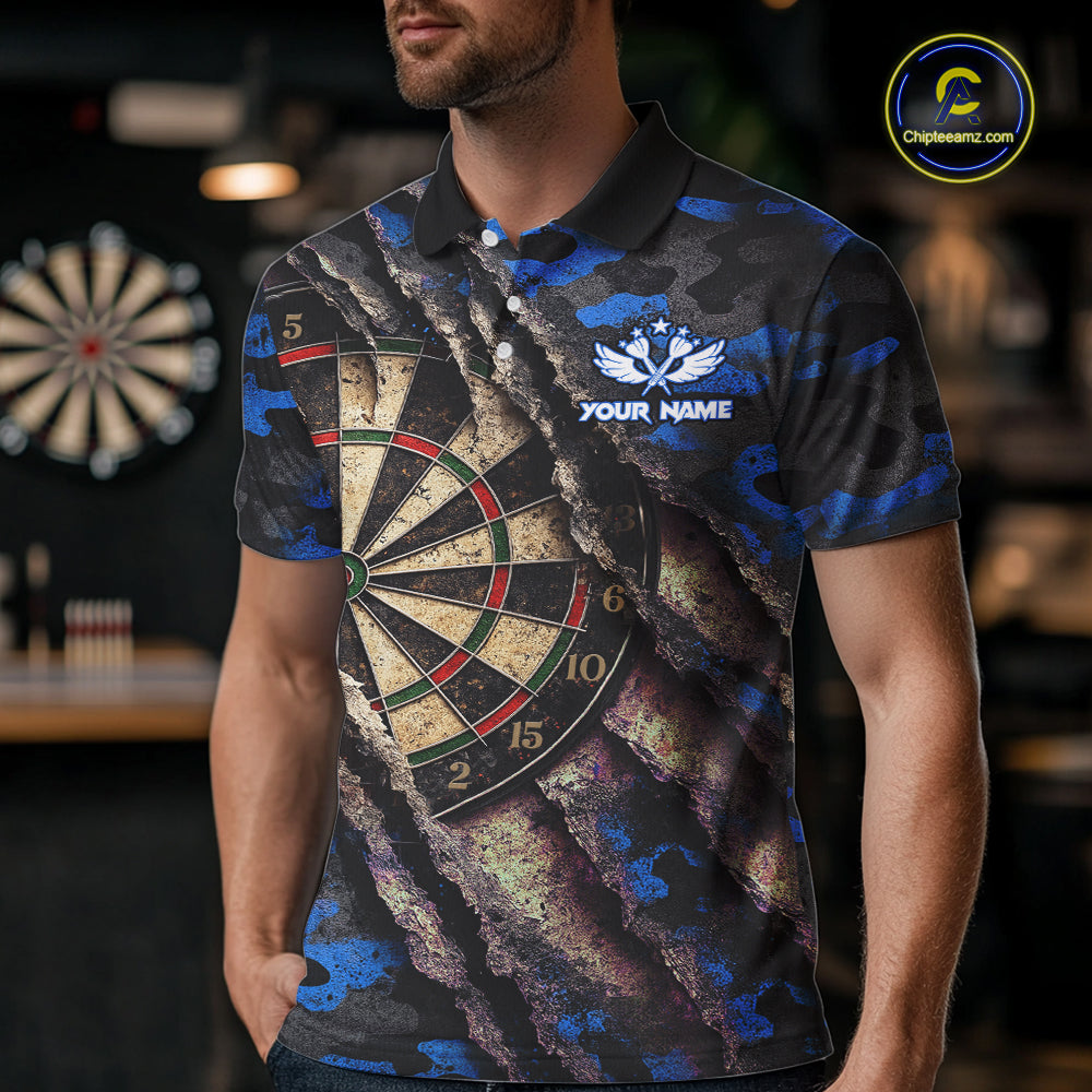 Blue Retro Grunge Camo Darts Shirt For Men Custom Darts Jersey Team Polo & Quarter Zip Uniform TDM5449