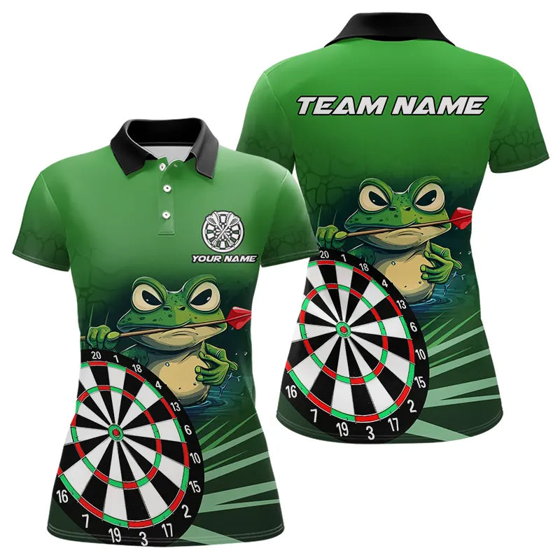 Personalized Green Funny Frog Darts Shirts For Women Custom Darts Team Jerseys Outfit, Darts Gifts TDM3558