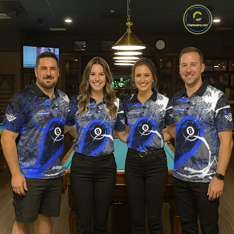 Blue Grunge 8 Ball Pool Custom Billiard Shirts For Women, Billiard Team Jerseys Polo 1/4 Zip TDM6074