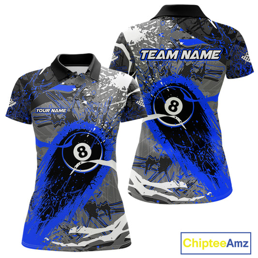 Blue Grunge 8 Ball Pool Custom Billiard Shirts For Women, Billiard Team Jerseys Polo 1/4 Zip TDM6074