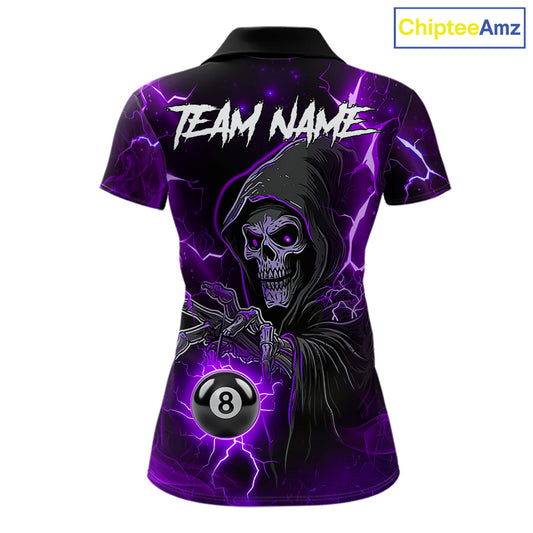 Purple Grim Reaper 8 Ball Billiard Shirt For Women Custom Lightning Pool Team Jersey Polo, 1/4 Zip TDM6328