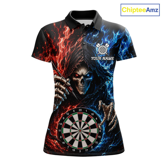 Blue And Red Flaming Grim Reaper Darts Shirts For Women Custom Darts Team Jersey Polo & 1/4 Zip TDM6503