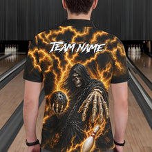 Load image into Gallery viewer, Man wearing custom yellow lightning Grim Reaper bowling team jersey polo shirt featuring yellow lightning Grim Reaper artwork, back view.