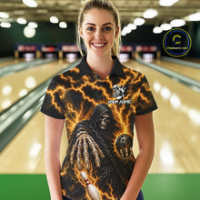 Load image into Gallery viewer, Woman wearing custom yellow lightning Grim Reaper bowling team jersey polo shirt featuring yellow lightning Grim Reaper artwork, front view.