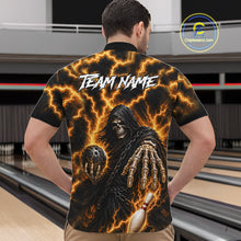 Load image into Gallery viewer, Man wearing custom yellow lightning Grim Reaper bowling team jersey quarter zip shirt featuring yellow lightning Grim Reaper artwork, back view.