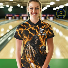 Load image into Gallery viewer, Woman wearing custom yellow lightning Grim Reaper bowling team jersey polo shirt featuring yellow lightning Grim Reaper artwork, back view.