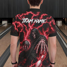 Load image into Gallery viewer, Man wearing custom red lightning Grim Reaper bowling league team jersey polo shirt featuring red lightning Grim Reaper artwork, back view.
