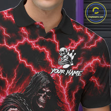 Load image into Gallery viewer, Close-up of the custom red lightning Grim Reaper bowling league team jersey polo shirt showing the collar, buttons, premium performance fabric and detailed Grim Reaper graphics.