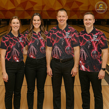 Load image into Gallery viewer, Bowling team wearing matching custom red lightning Grim Reaper bowling league team jerseys featuring premium Grim Reaper and lightning artwork, front view.