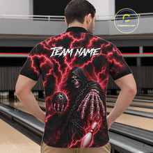 Load image into Gallery viewer, Man wearing custom red lightning Grim Reaper bowling league team jersey quarter zip shirt featuring red lightning Grim Reaper artwork, back view.