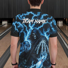 Load image into Gallery viewer, Man wearing custom blue lightning Grim Reaper bowling team jersey polo shirt featuring blue lightning Grim Reaper artwork, back view.