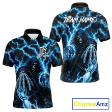 Load image into Gallery viewer, Custom blue lightning Grim Reaper bowling team jersey polo shirt for men featuring a fierce Grim Reaper with blue lightning artwork, premium bowling league apparel for tournaments, league play and competitive bowling teams.