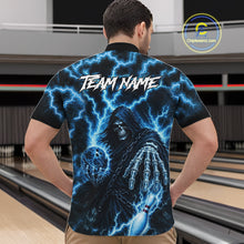 Load image into Gallery viewer, Man wearing custom blue lightning Grim Reaper bowling team jersey quarter zip shirt featuring blue lightning Grim Reaper artwork, back view.