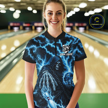 Load image into Gallery viewer, Woman wearing custom blue lightning Grim Reaper bowling team jersey polo shirt featuring blue lightning Grim Reaper artwork, back view.