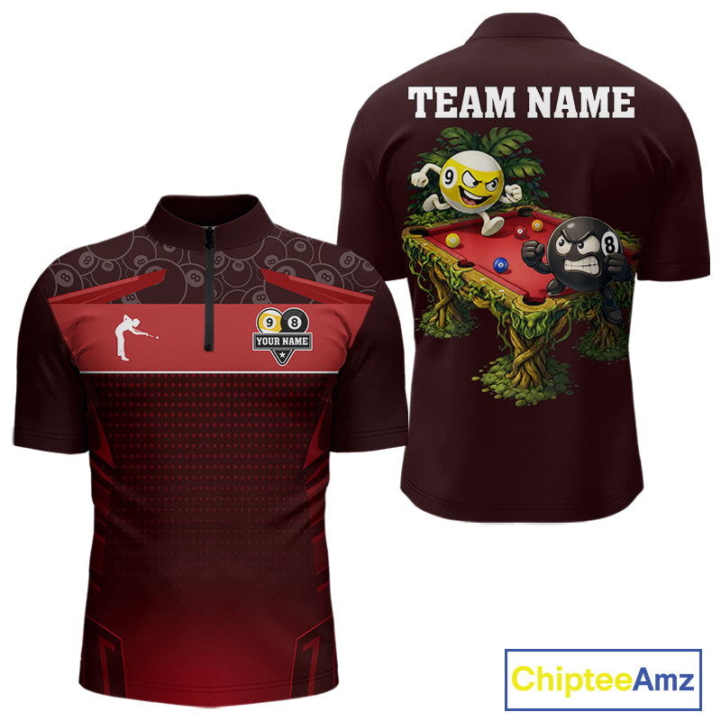 Red Funny Tropical 8 Ball & 9 Ball Billiard Shirt For Men Custom Pool Team Jersey Polo & 1/4 Zip TDM7242