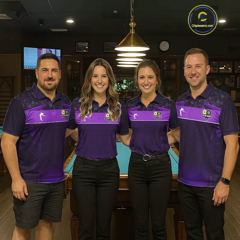 Purple Funny Tropical 8 Ball & 9 Ball Billiard Shirt For Men Custom Pool Team Jersey Polo, 1/4 Zip TDM7243