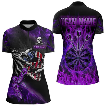Fire Flame Darts Board American Flag Skull Dart Shirts For Women Custom Darts Team Jerseys |Purple TDM2982