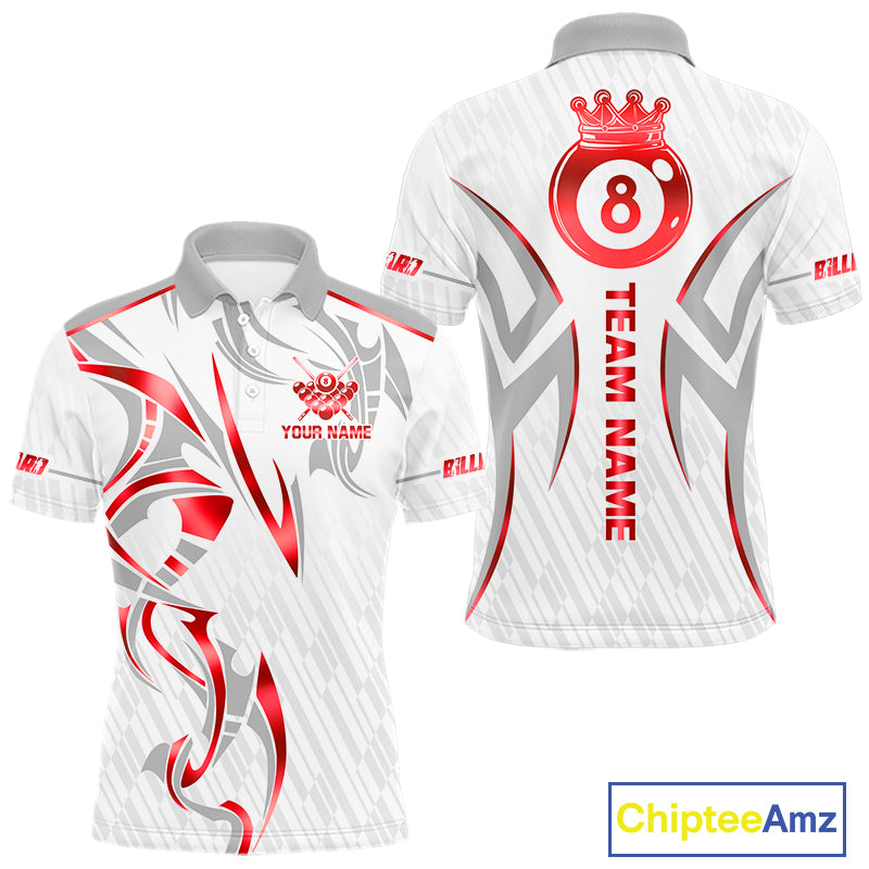 White And Red Crown 8 Ball Men's Billiards Shirts Custom Billiard Jersey Team Polo & 1/4 Zip TDM5212