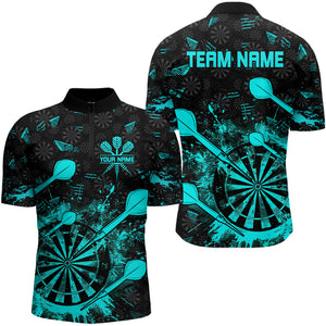 Black And Turquoise Grunge Darts Polo, Quarter Zip For Men Custom Dart Shirts For Team Dart Jerseys TDM3226