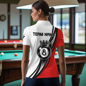 Personalized Black White 8 Ball Pool Crown Women Billiard Shirts, Billiard 8 Ball Team Jerseys |Red TDM3421