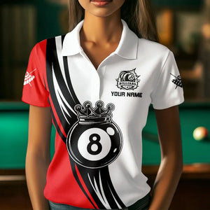 Personalized Black White 8 Ball Pool Crown Women Billiard Shirts, Billiard 8 Ball Team Jerseys |Red TDM3421