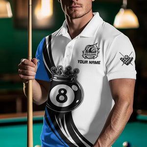 Personalized Black White 8 Ball Pool Crown Men Billiard Shirts, Billiard 8 Ball Team Jerseys |Blue TDM3422